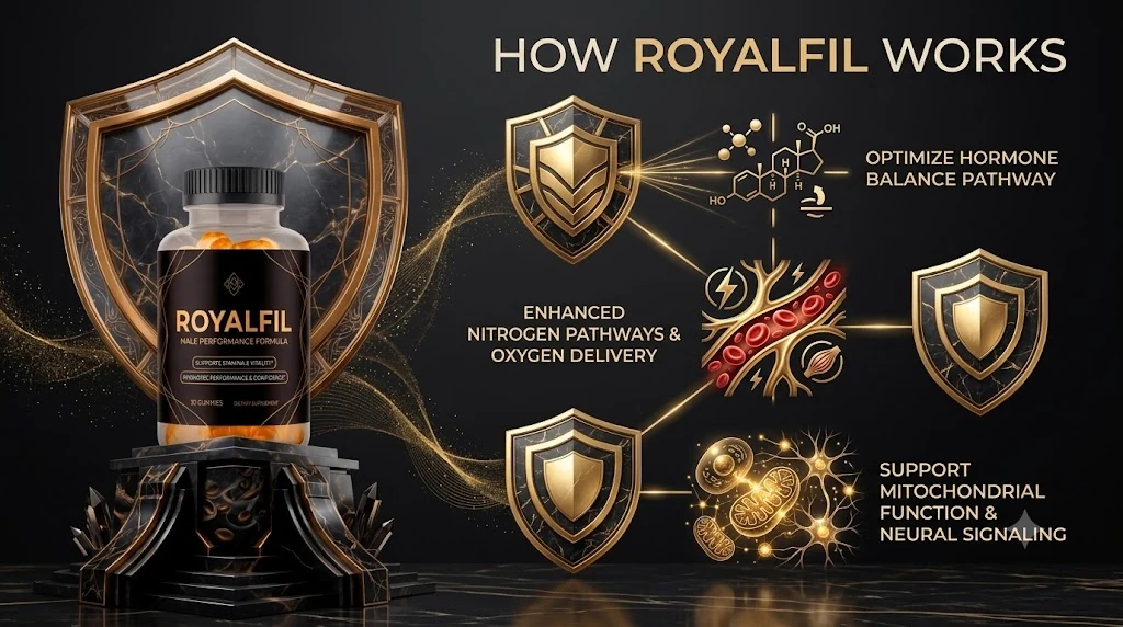 How RoyalFil works: hormone balance, nitrogen and oxygen delivery, mitochondrial and neural signaling pathway diagram